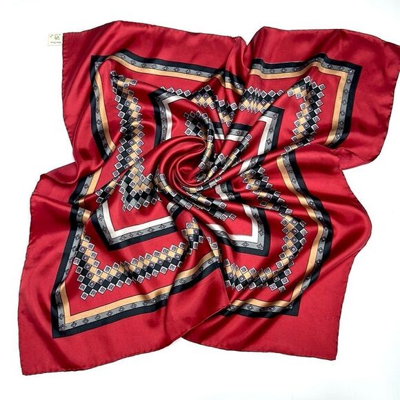 Red Silk Square Scarf by Golden Camel Hand Printed Hand Rolled - Picture 1 of 12